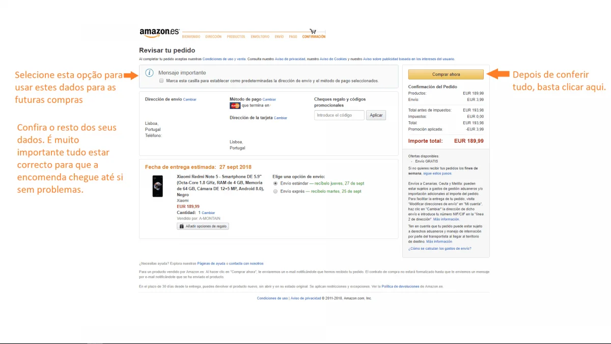 Confira e termine o seu pedido na Amazon Espanha
