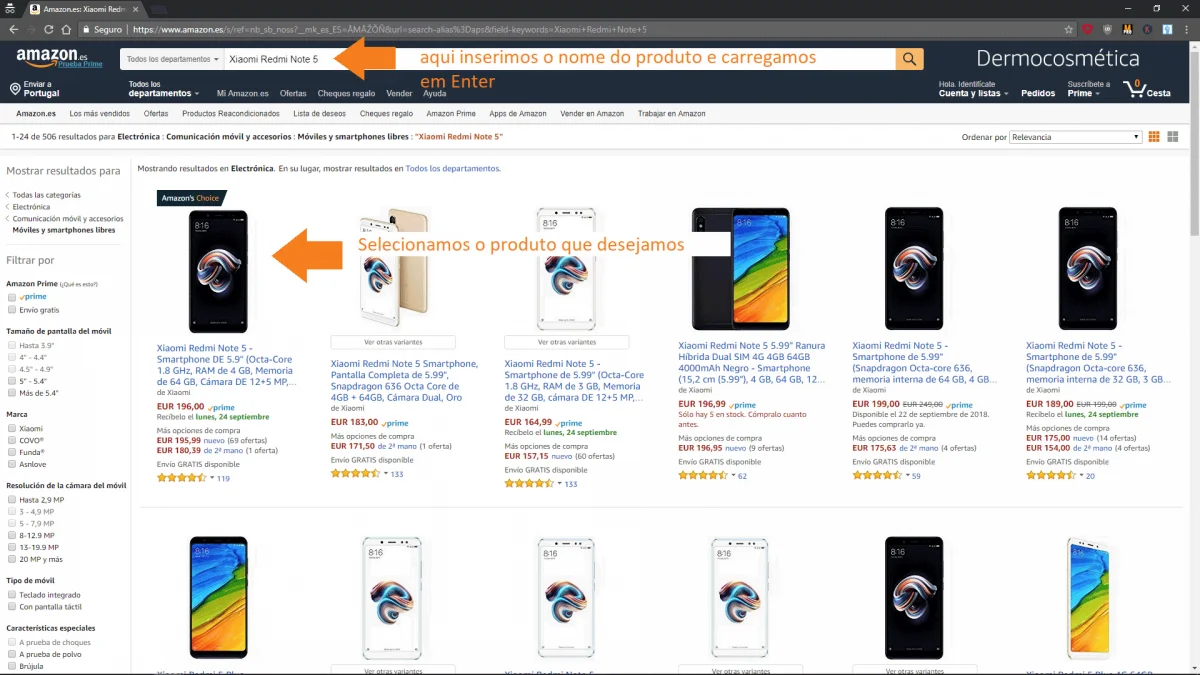 Procurar e selecionar produtos na Amazon Espanha