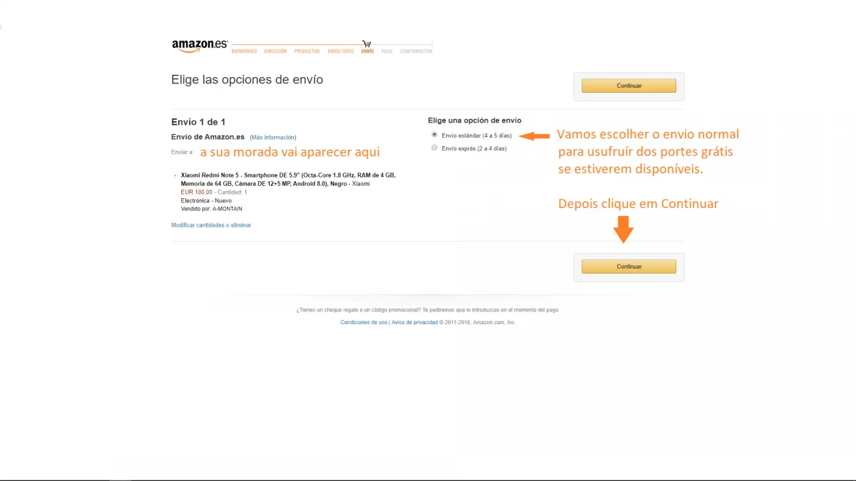 Escolher método de envio na Amazon Espanha