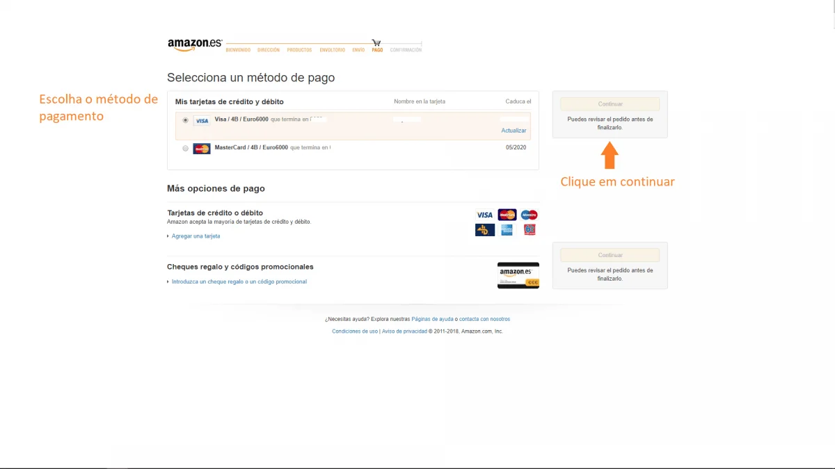 Escolher método de pagamento na Amazon Espanha