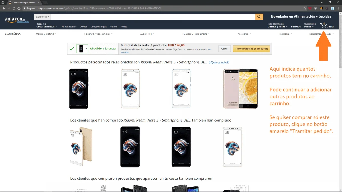 Início do processo de compra de produto na Amazon Espanha