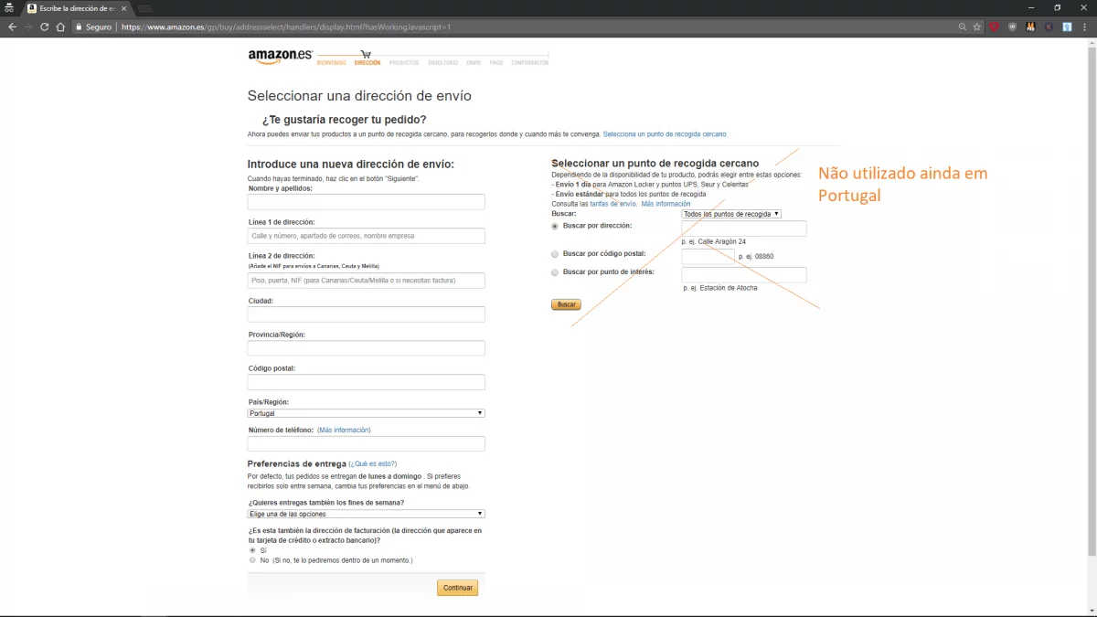 Inserir morada de envio na Amazon Espanha