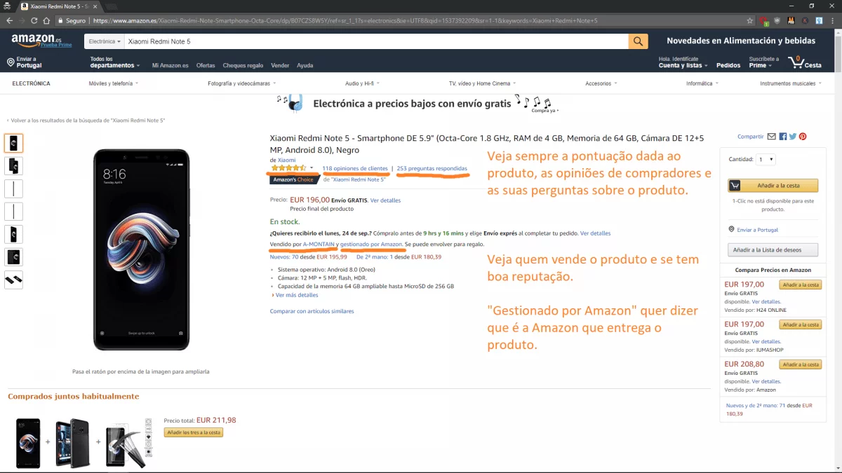 Página do produto escolhido na Amazon Espanha